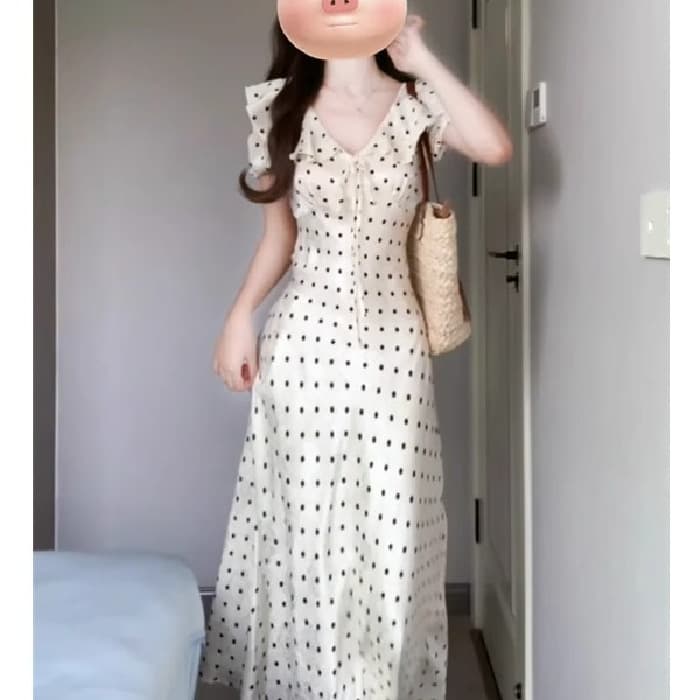 French polka dot puff sleeve dress for women, summer seaside vacation, gentle style, waist-cinching style, unique and beautiful little skirt 3