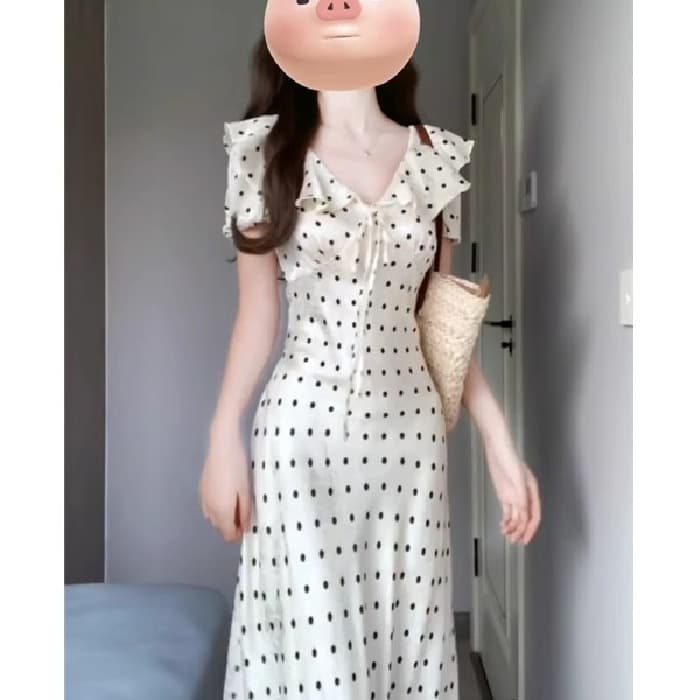 French polka dot puff sleeve dress for women, summer seaside vacation, gentle style, waist-cinching style, unique and beautiful little skirt 5