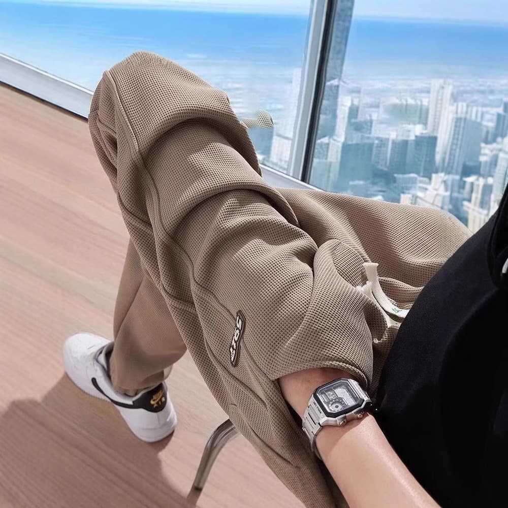 Spring and summer Korean style waffle pants for men 2025 new loose leggings trendy brand sports leggings casual sweatpants 2