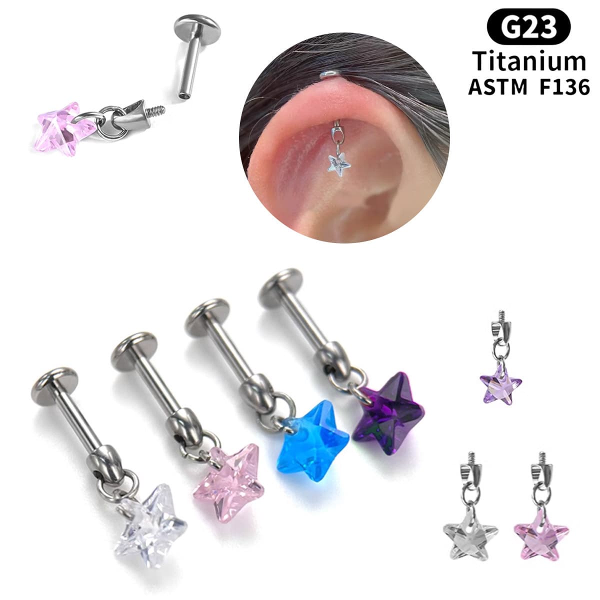 G23 titanium alloy bullet piercing pendant five-pointed star lip stud earrings ear bone 136 high-end piercing jewelry wholesale 1
