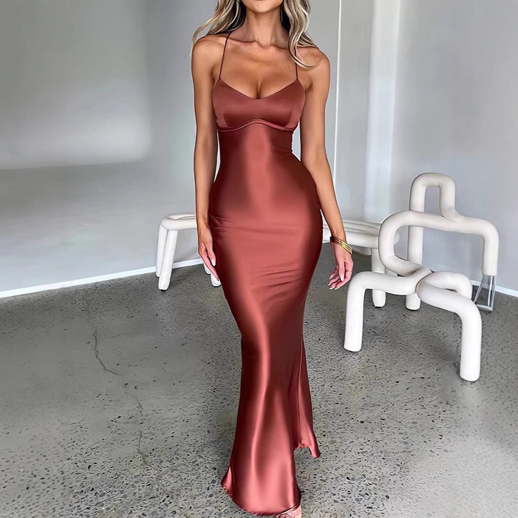New Amazon cross-border women's sexy suspender satin fashion backless strap waist evening dress dress 1