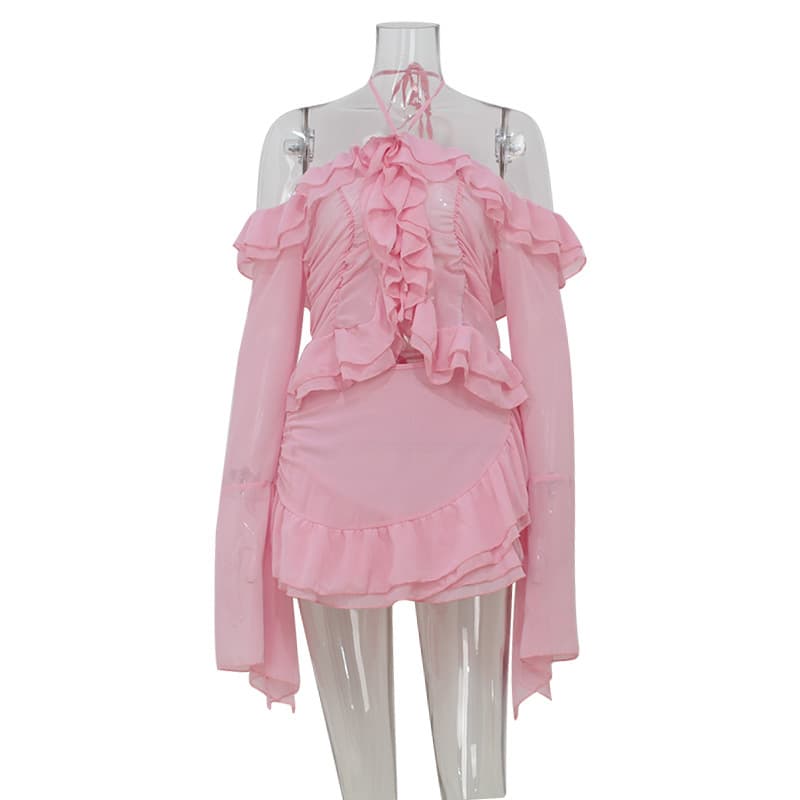 European and American style 2025 summer new women's clothing one-shoulder long-sleeved tops and skirts ruffled fairy pure desire suit 5