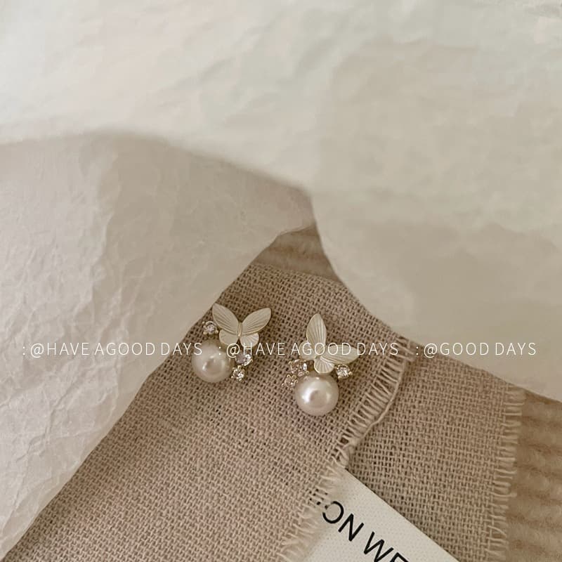 Dripping Glaze Butterfly Pearl Zircon Earrings White Fairy Versatile Earrings French Fashion Compact Literary Elegant New Style 3
