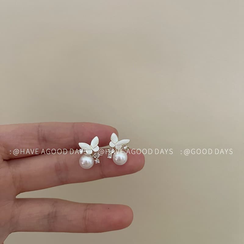 Dripping Glaze Butterfly Pearl Zircon Earrings White Fairy Versatile Earrings French Fashion Compact Literary Elegant New Style 1