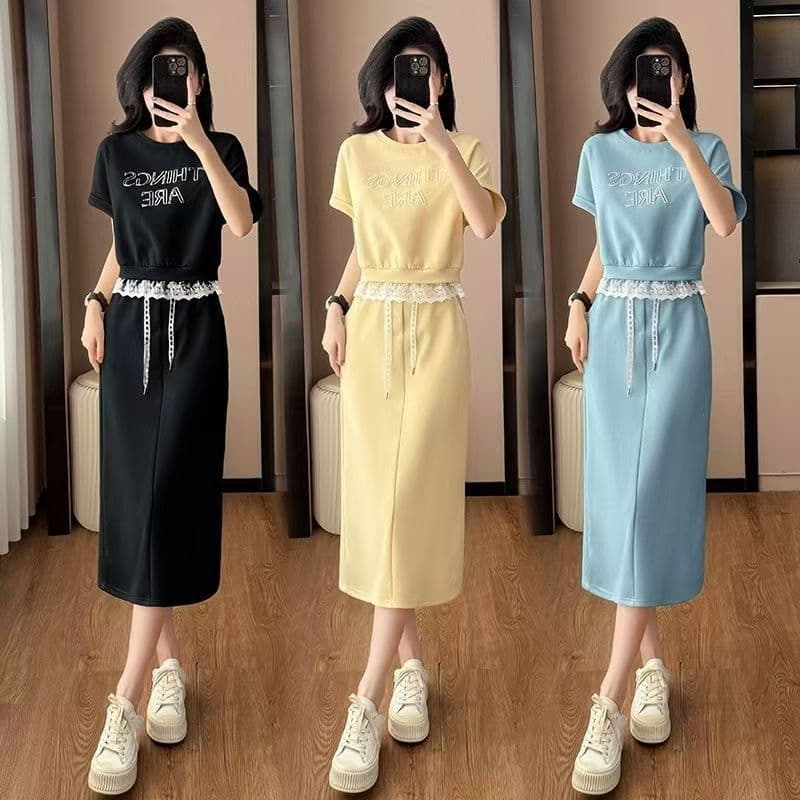 Cross-border casual sports skirt suit for women 2025 summer new loose lace splicing sweatshirt skirt two-piece set 1