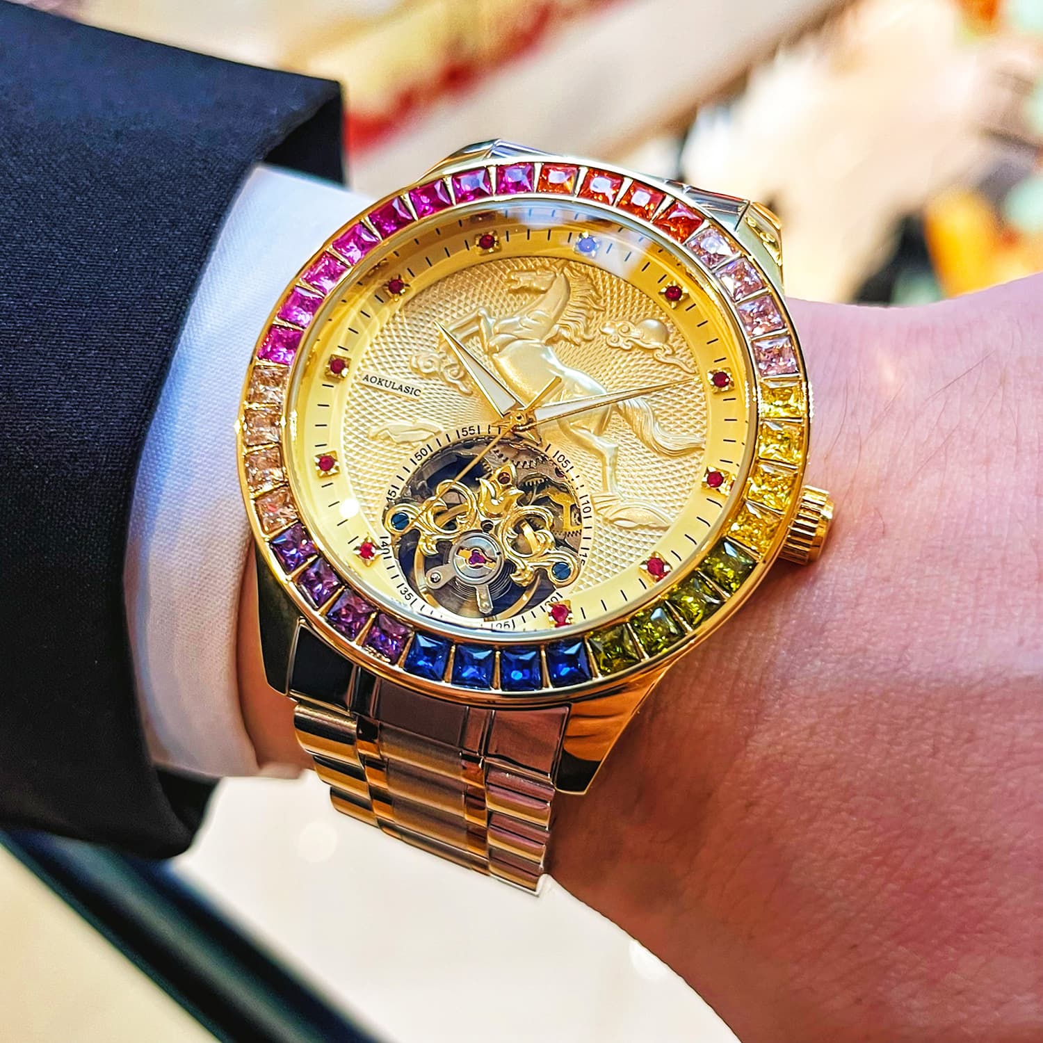 Colorful diamond galloping gold horse high-end large flywheel fully automatic mechanical men's watch gorgeous luxury business casual watch 2