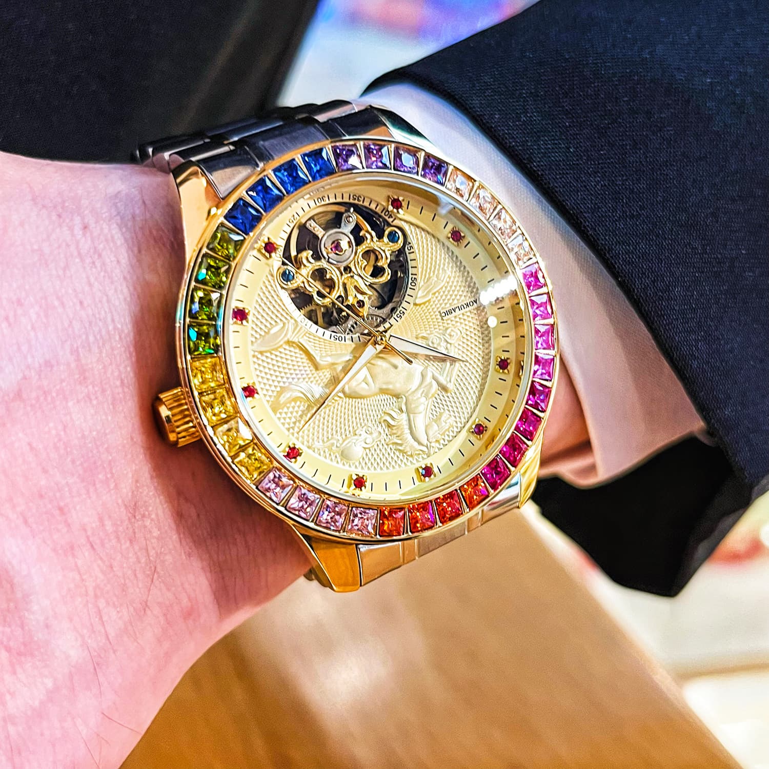 Colorful diamond galloping gold horse high-end large flywheel fully automatic mechanical men's watch gorgeous luxury business casual watch 3