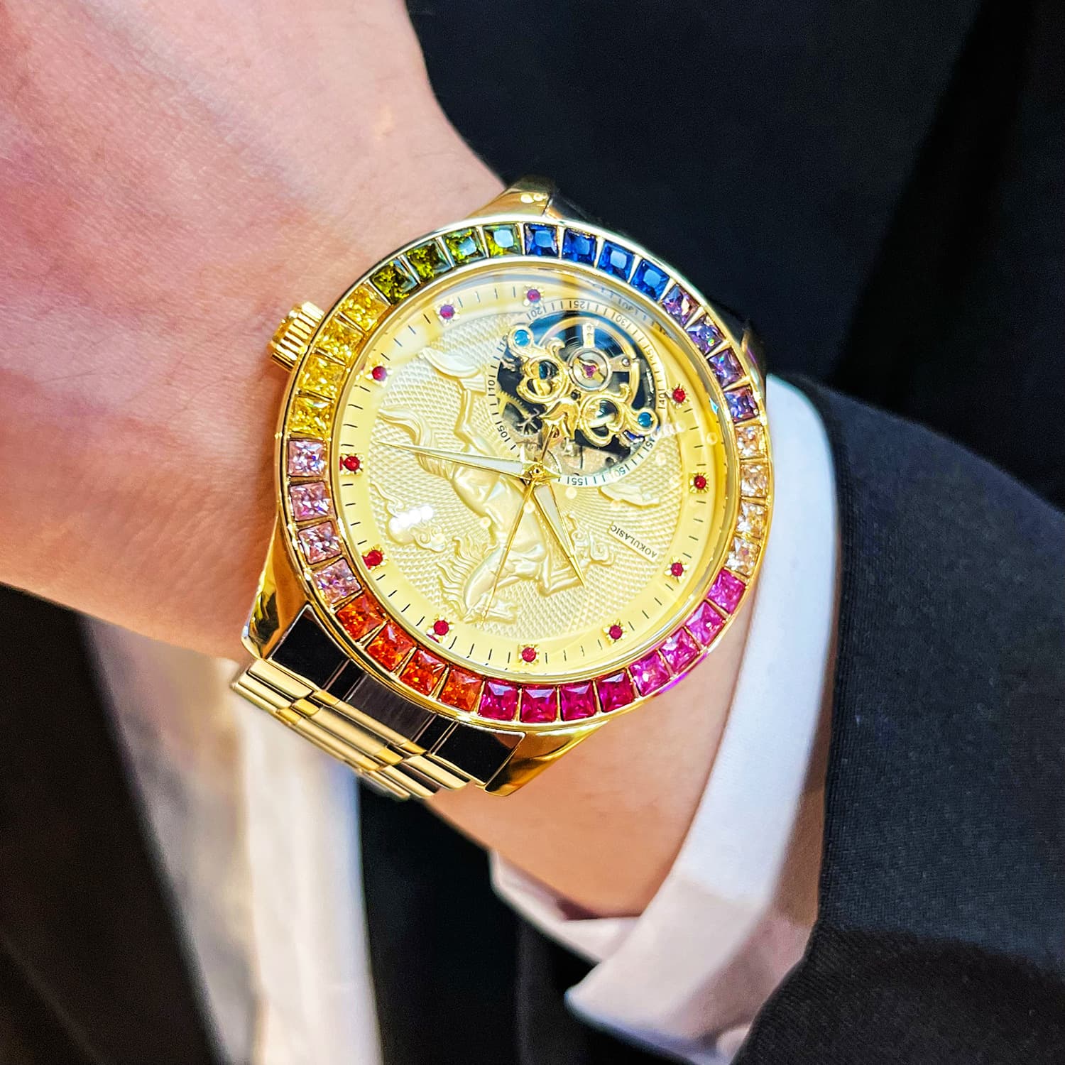 Colorful diamond galloping gold horse high-end large flywheel fully automatic mechanical men's watch gorgeous luxury business casual watch 4