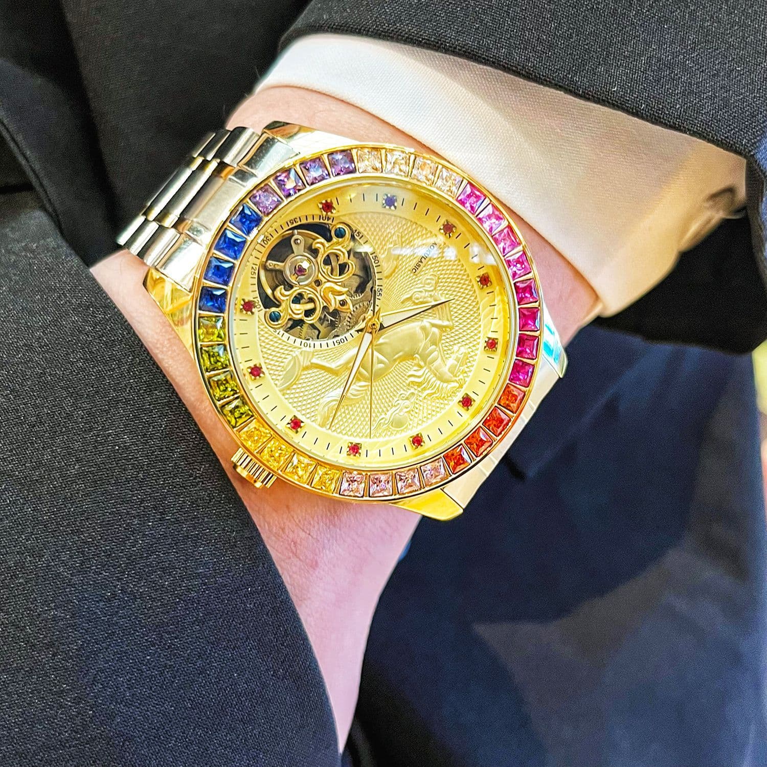 Colorful diamond galloping gold horse high-end large flywheel fully automatic mechanical men's watch gorgeous luxury business casual watch 5