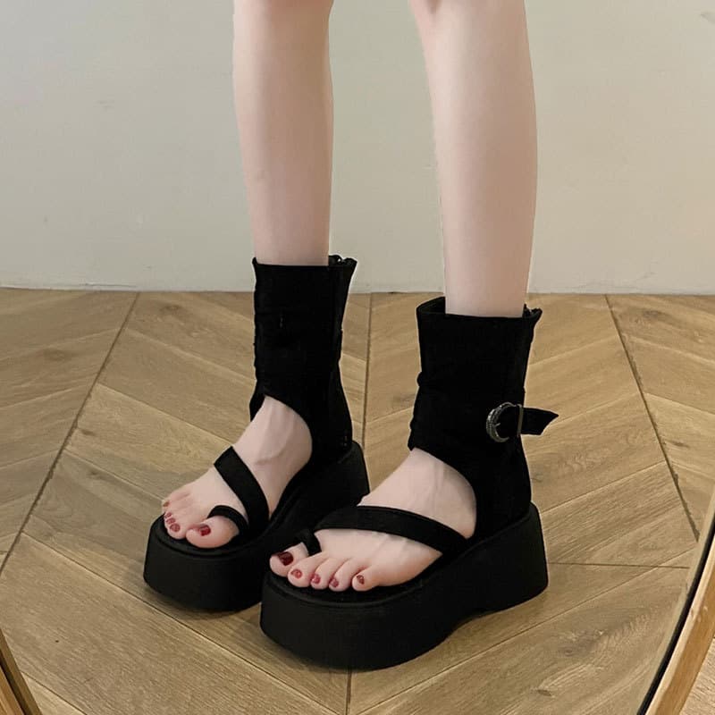 Retro thick-soled Roman sandals for women 2026 summer new fashion set-toe high-top sandals increased rear zipper short boots 2
