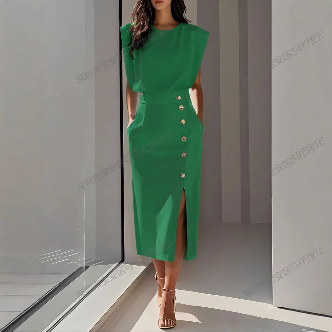 Cross-border European and American Amazon fashion royal sister style solid color round neck waist slit metal button summer dress for women 4