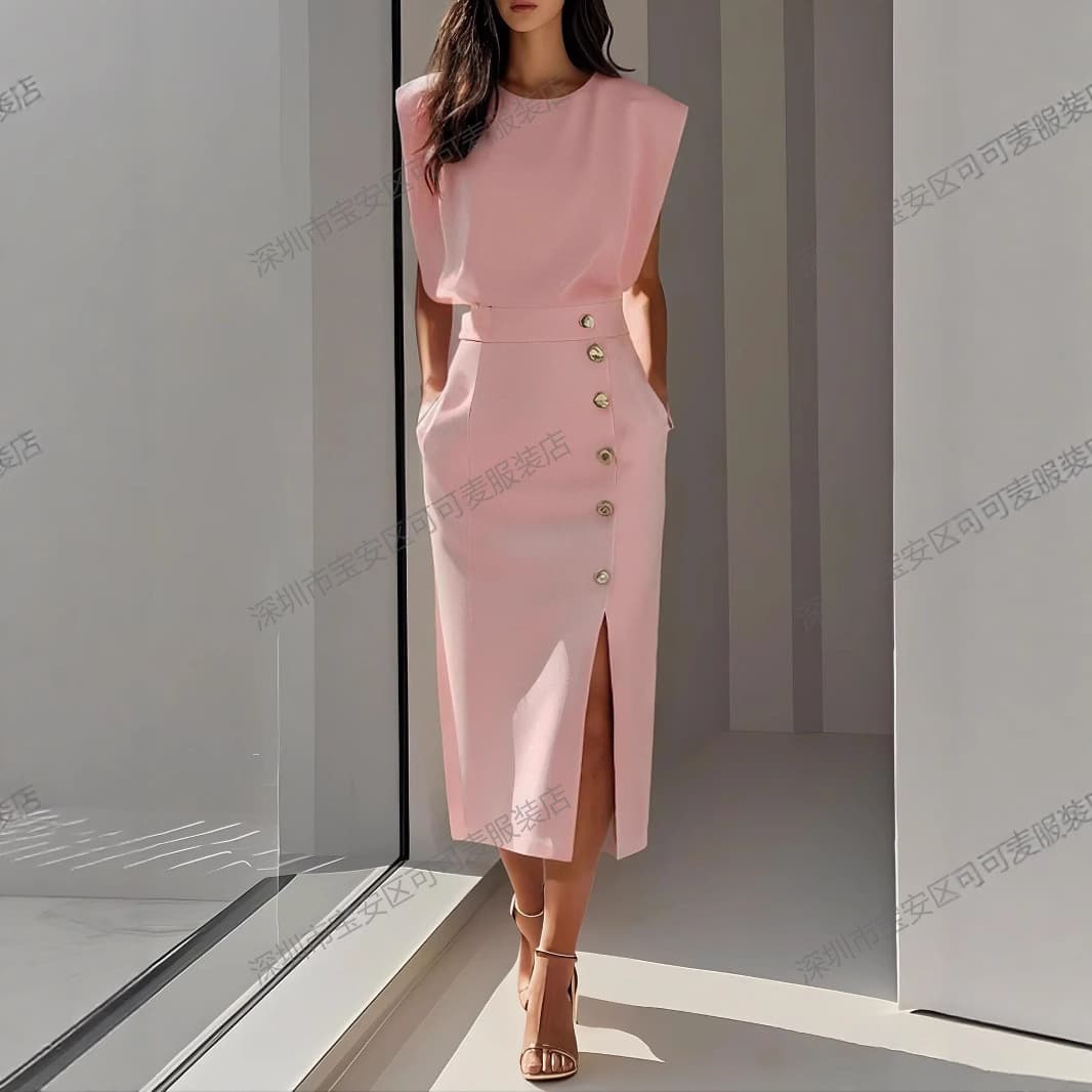 Cross-border European and American Amazon fashion royal sister style solid color round neck waist slit metal button summer dress for women 5