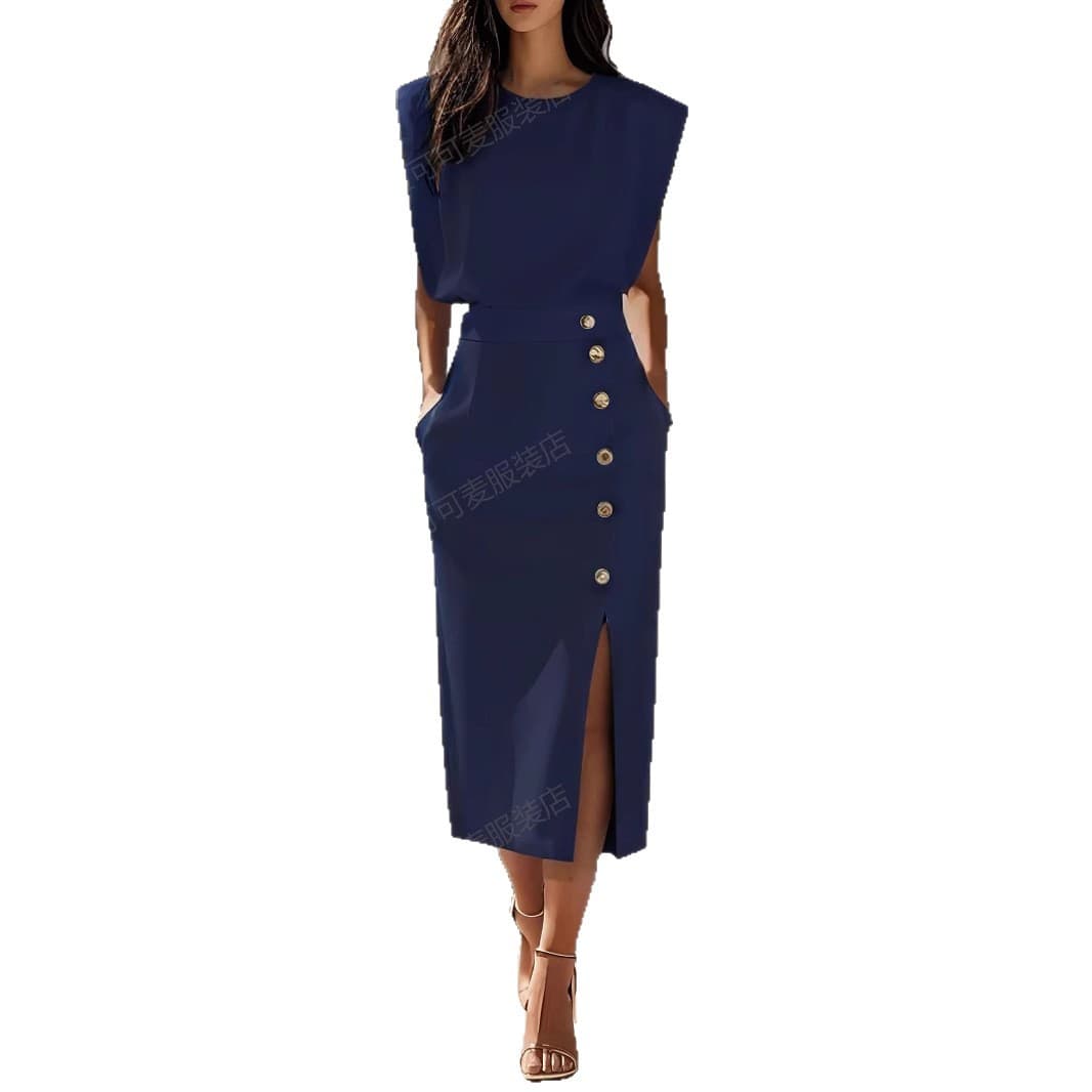 Cross-border European and American Amazon fashion royal sister style solid color round neck waist slit metal button summer dress for women 6
