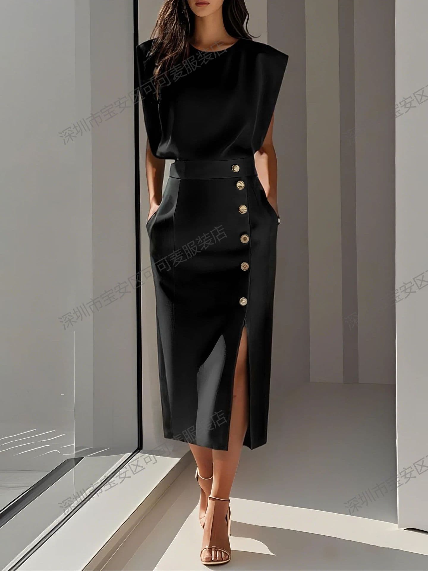Cross-border European and American Amazon fashion royal sister style solid color round neck waist slit metal button summer dress for women 9