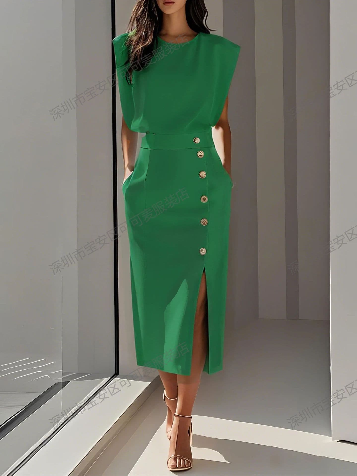 Cross-border European and American Amazon fashion royal sister style solid color round neck waist slit metal button summer dress for women 10