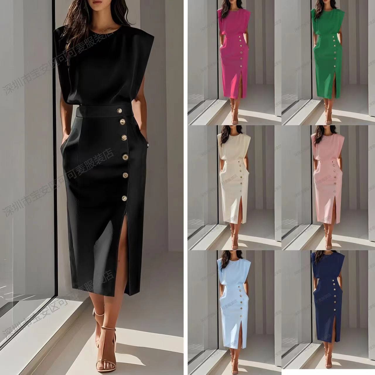 Cross-border European and American Amazon fashion royal sister style solid color round neck waist slit metal button summer dress for women 1