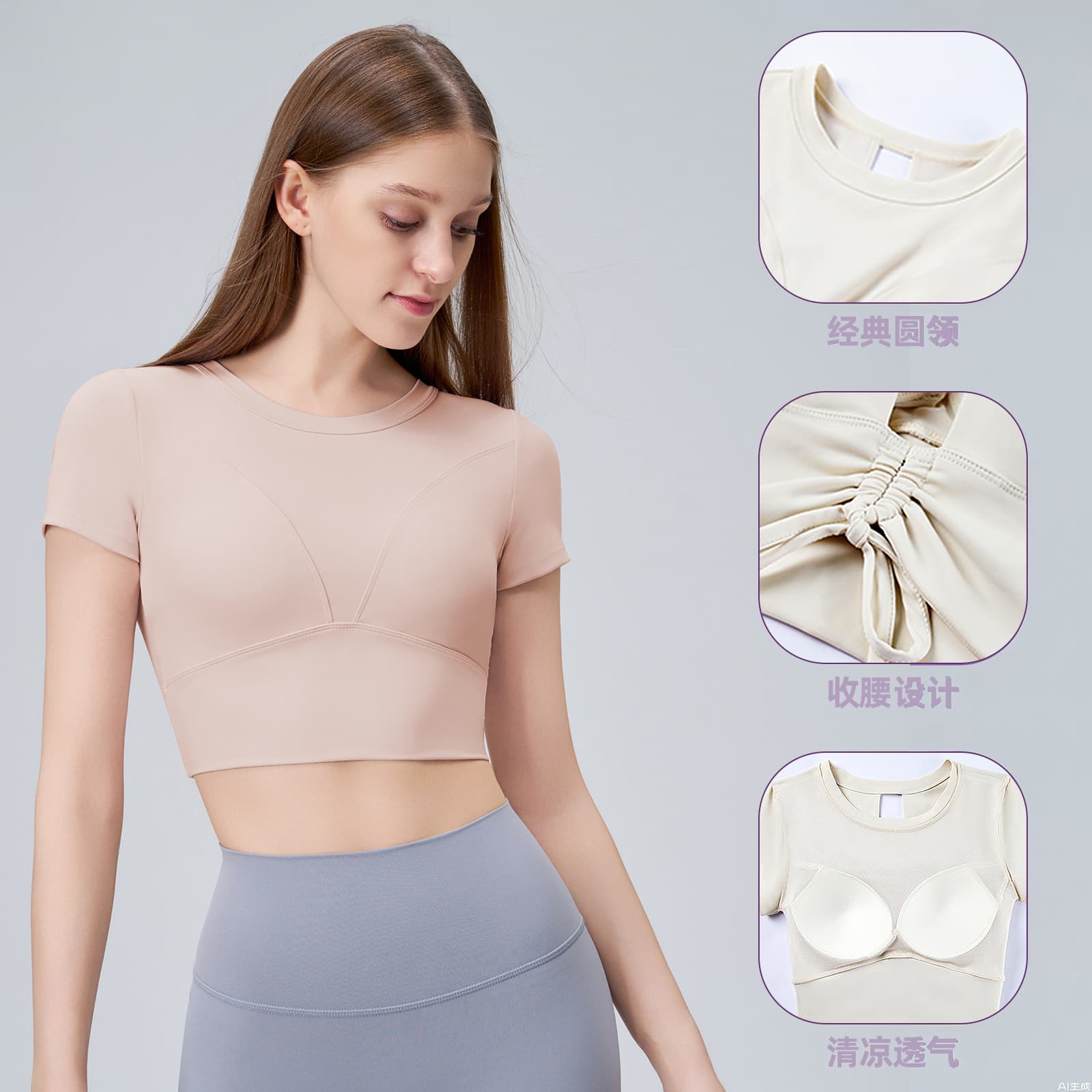 Spring and summer fixed chest pad sportswear tops slim outdoor running Pilates drawstring fitness yoga wear short-sleeved women 3