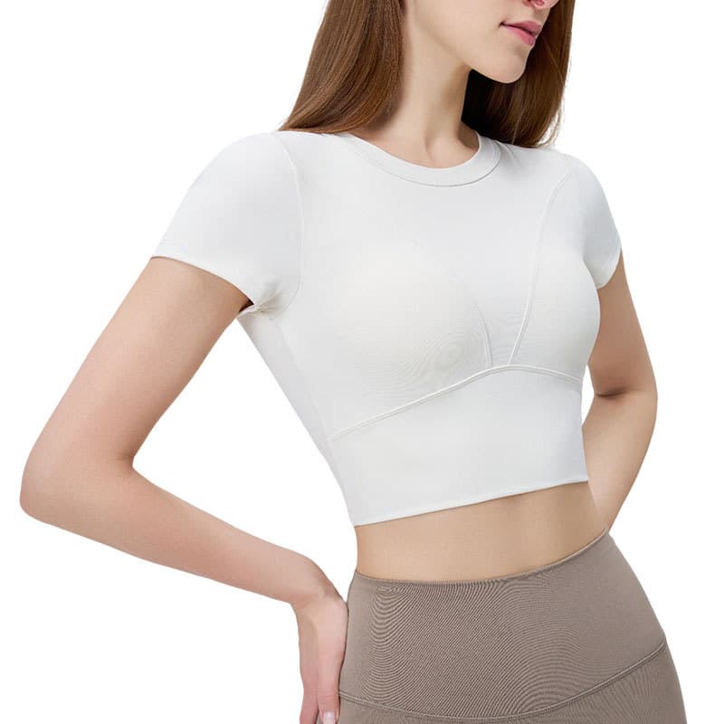 Spring and summer fixed chest pad sportswear tops slim outdoor running Pilates drawstring fitness yoga wear short-sleeved women 6