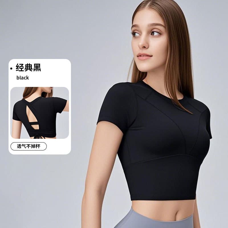 Spring and summer fixed chest pad sportswear tops slim outdoor running Pilates drawstring fitness yoga wear short-sleeved women 7