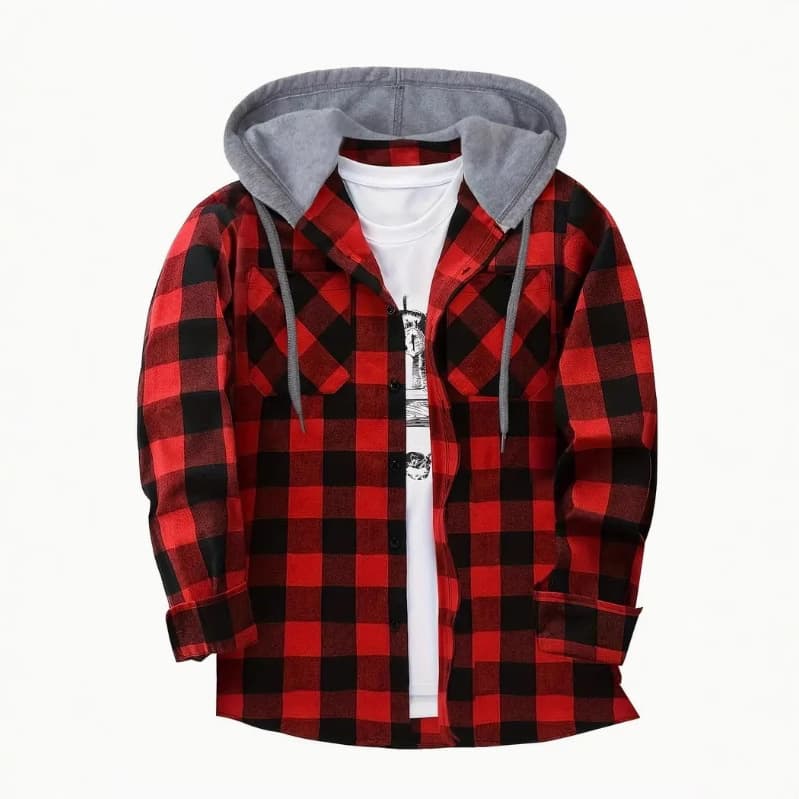 Cross-border foreign trade fashion street hooded plaid shirt men's slim long-sleeved shirt travel casual shirt jacket 1