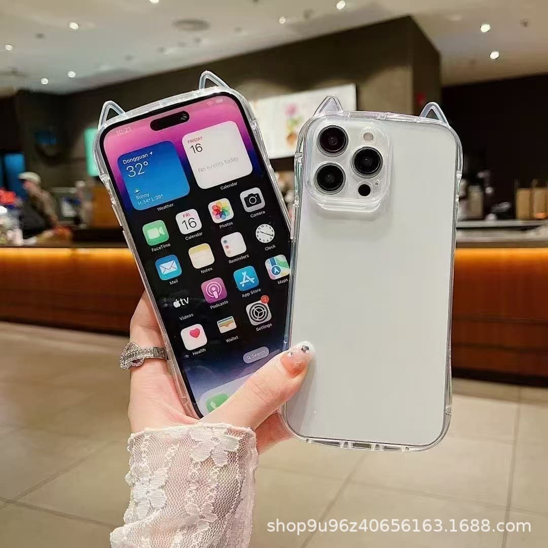 Cat ears Apple 16promax mobile phone case 1615pro transparent 16pro soft shell 14 simple anti-fall airbag 2