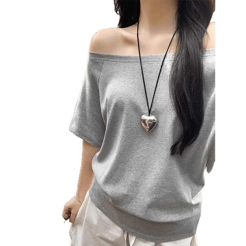 One-piece oblique shoulder short-sleeved women's T-shirt one-shoulder 2025 new women's loose lazy slouchy off-shoulder top 6