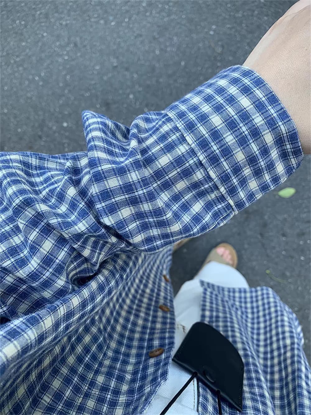 Retro blue long-sleeved plaid shirt for women early autumn lazy style top casual plaid jacket loose outer shirt 5