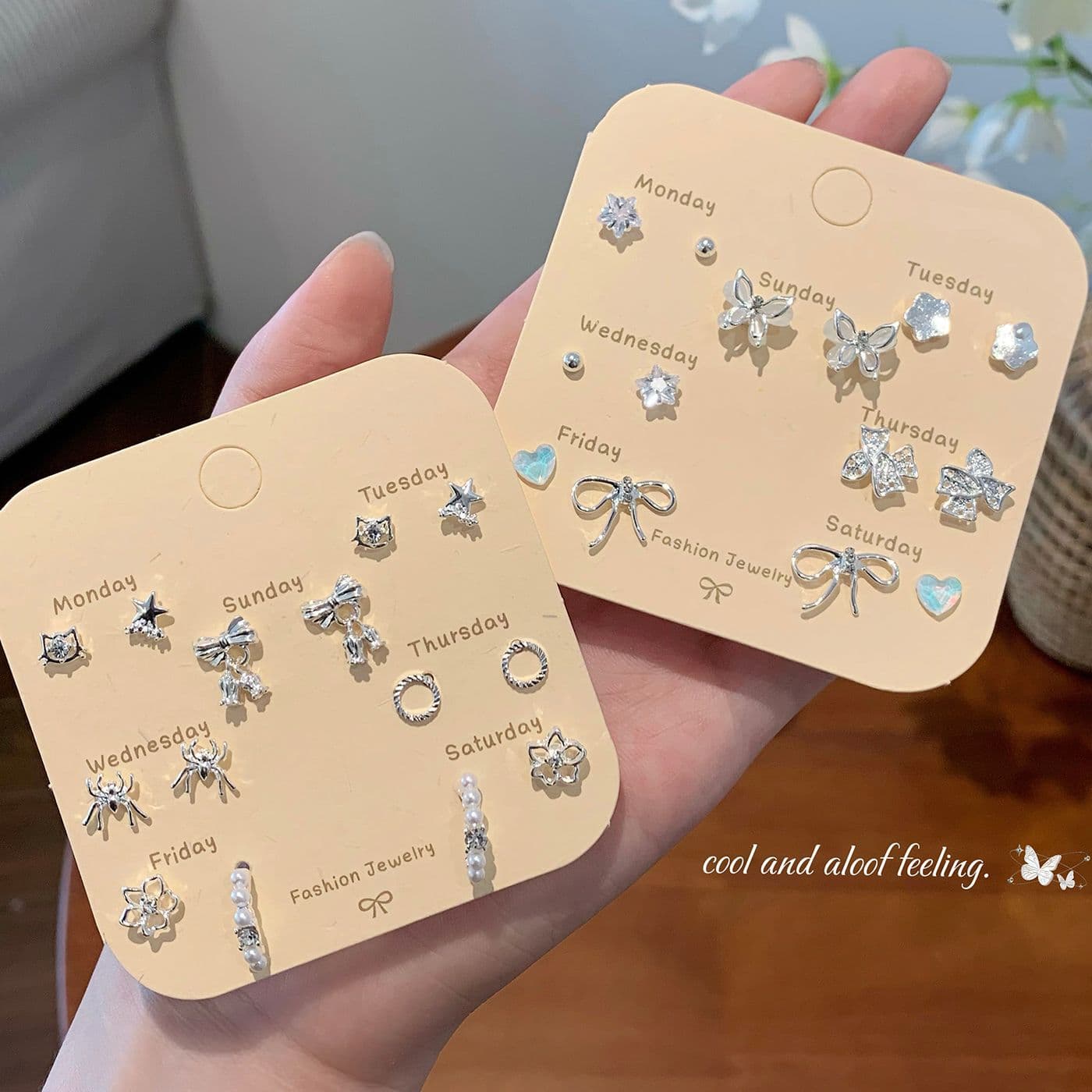 Exquisite and compact mini earring set, one week combination, niche silver needle earrings, light luxury, high-end sense, small earrings, simple 1