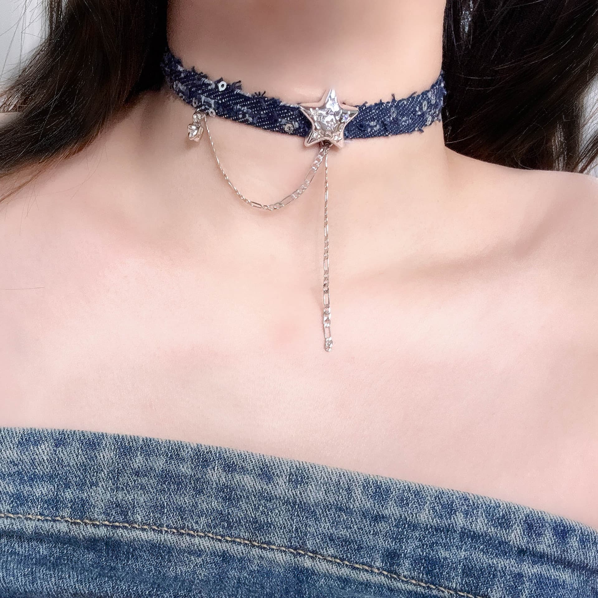 Cross-border new jewelry denim choker choker necklace star tassel pendant clavicle chain love necklace for women 1