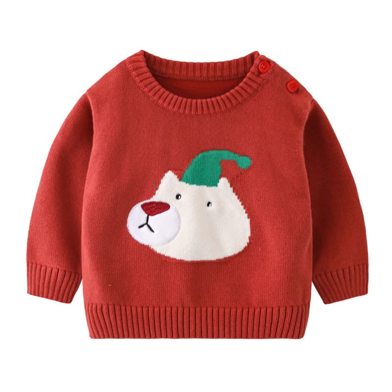 New autumn and winter round neck solid color baby knitted coat bear head jacquard pullover sweater knitted loose top 7