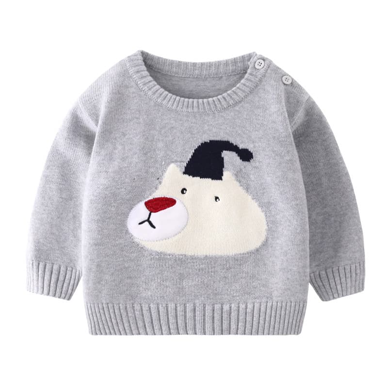 New autumn and winter round neck solid color baby knitted coat bear head jacquard pullover sweater knitted loose top 8
