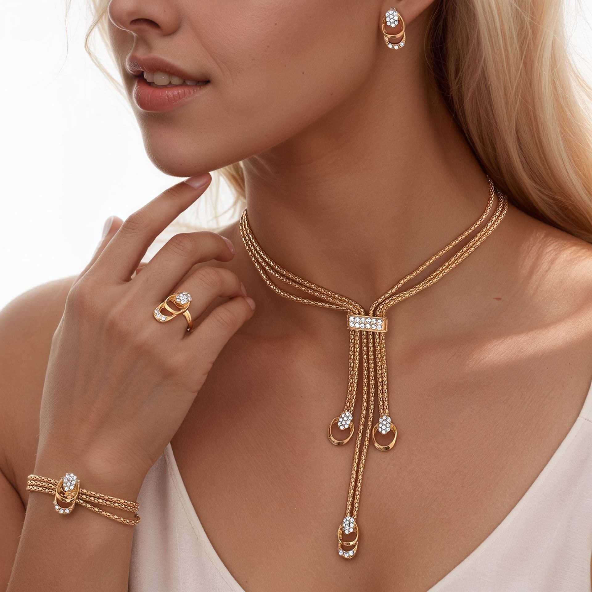 Cross-border hot-selling European and American fashion exaggerated crystal jewelry creative bridal diamond necklace earrings ring four-piece set 2
