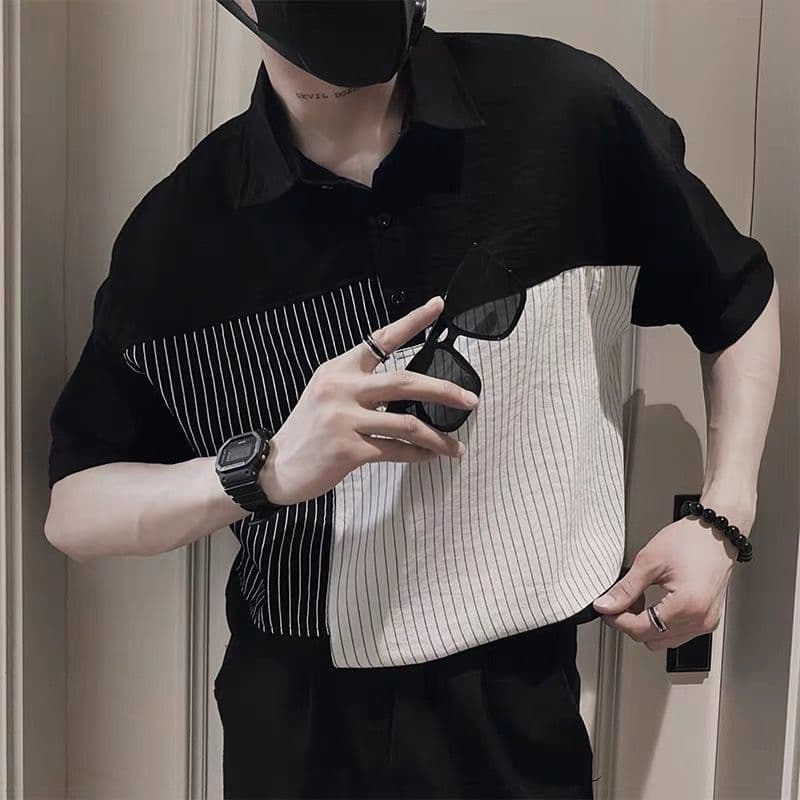 Advanced striped ice silk polo shirt new handsome shirt casual summer thin ins shirt men's short-sleeved T-shirt 4