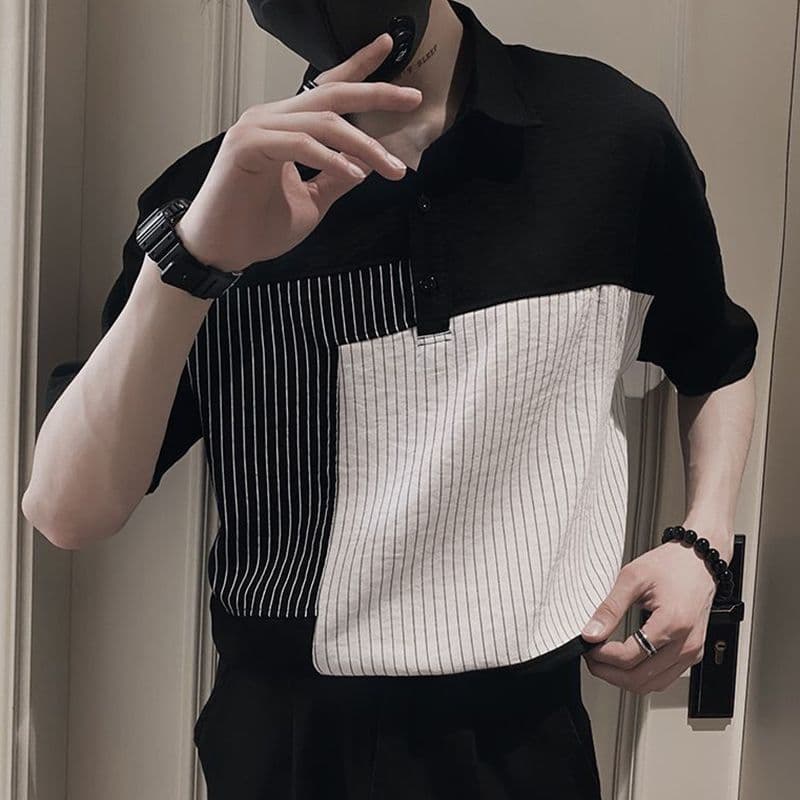 Advanced striped ice silk polo shirt new handsome shirt casual summer thin ins shirt men's short-sleeved T-shirt 5