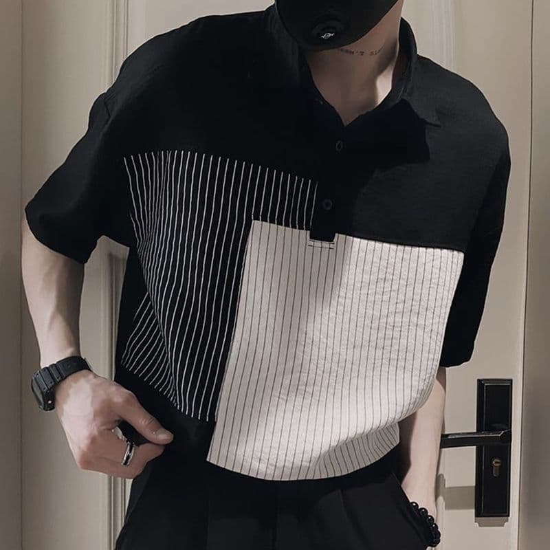 Advanced striped ice silk polo shirt new handsome shirt casual summer thin ins shirt men's short-sleeved T-shirt 1