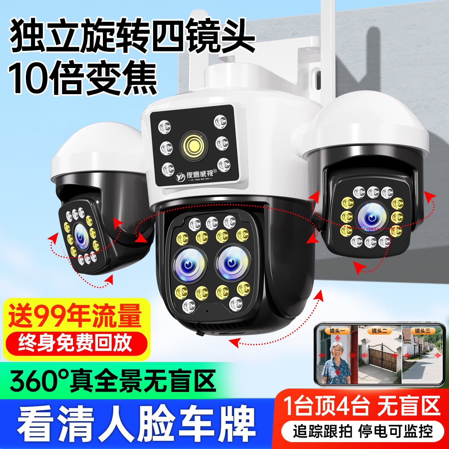 360-degree no-dead-angle monitor wireless home mobile phone remote 4G high-definition outdoor zoom three-screen camera