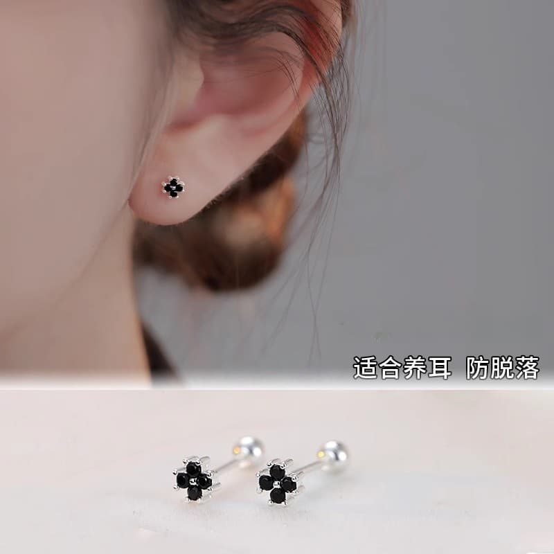 925 silver needle black flower earrings for women, small and pierced earrings, elegant earrings, simple and elegant earrings 2