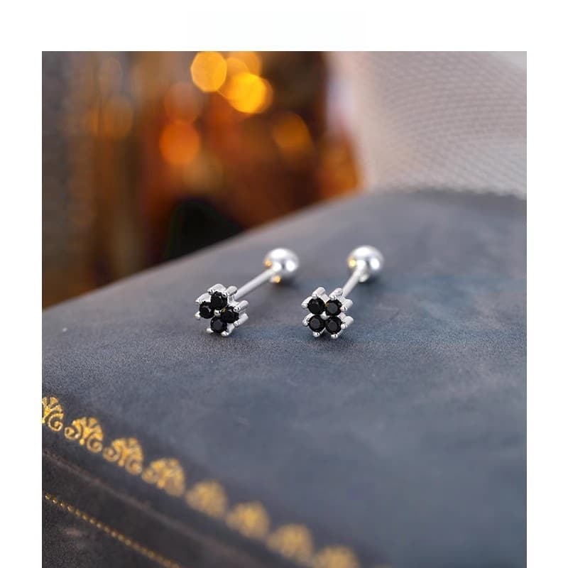 925 silver needle black flower earrings for women, small and pierced earrings, elegant earrings, simple and elegant earrings 4