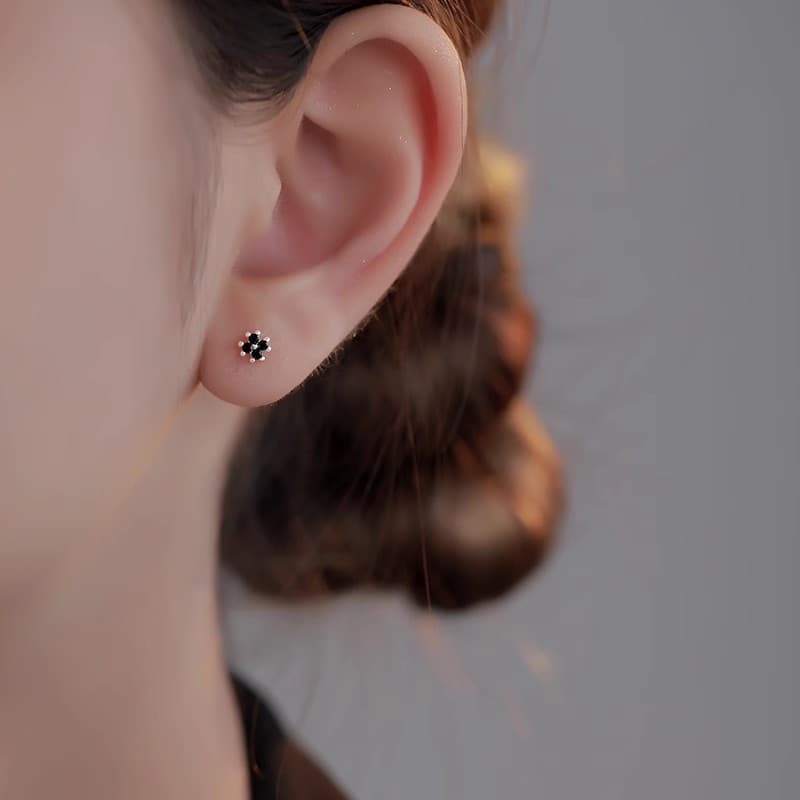 925 silver needle black flower earrings for women, small and pierced earrings, elegant earrings, simple and elegant earrings 5