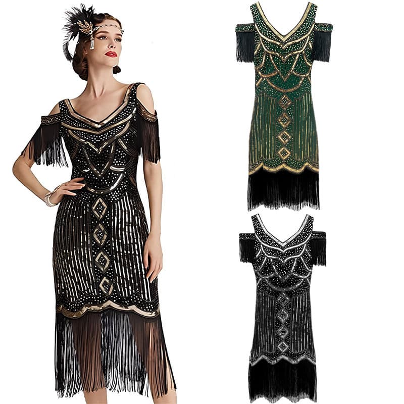 2023 New European and American Retro Gatsby Evening Dress 1920 Theme Party Sequin Tassel Dress Amazon 2