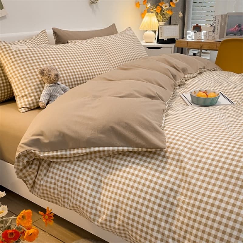 Naked sleeping style pure washed cotton four-piece set, skin-friendly ins bed sheet quilt cover, small new dormitory bed bed sheet set, three-piece set 8
