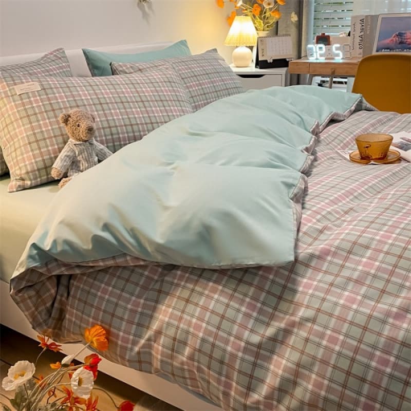 Naked sleeping style pure washed cotton four-piece set, skin-friendly ins bed sheet quilt cover, small new dormitory bed bed sheet set, three-piece set 9