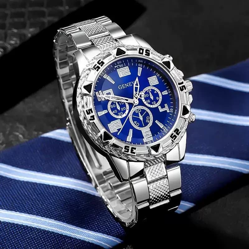 Cross-border blue light glass men's business watch steel band quartz watch multi-function digital scale three-eye watch wholesale 4