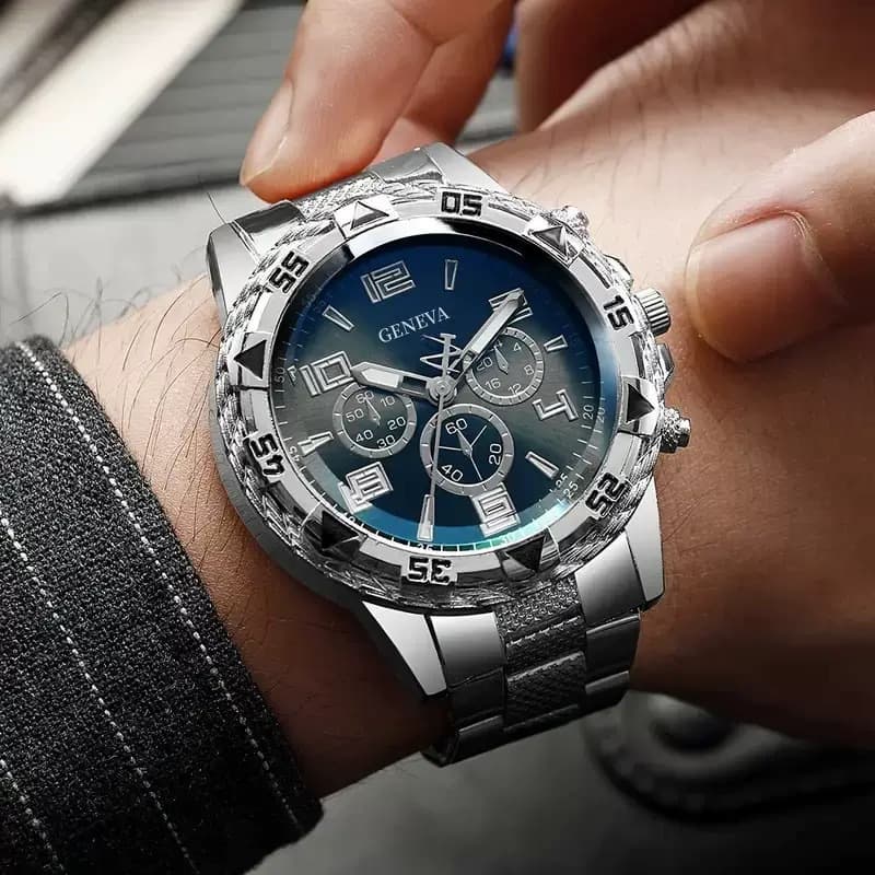 Cross-border blue light glass men's business watch steel band quartz watch multi-function digital scale three-eye watch wholesale 7