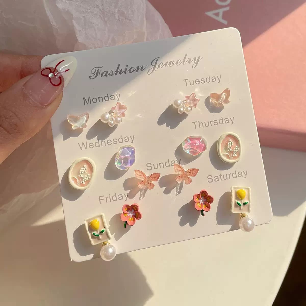 Sweet Flower Butterfly Earring Set One Week Combination Tulip Quality Versatile Pearl Meteorite Exquisite Women's Earrings 2