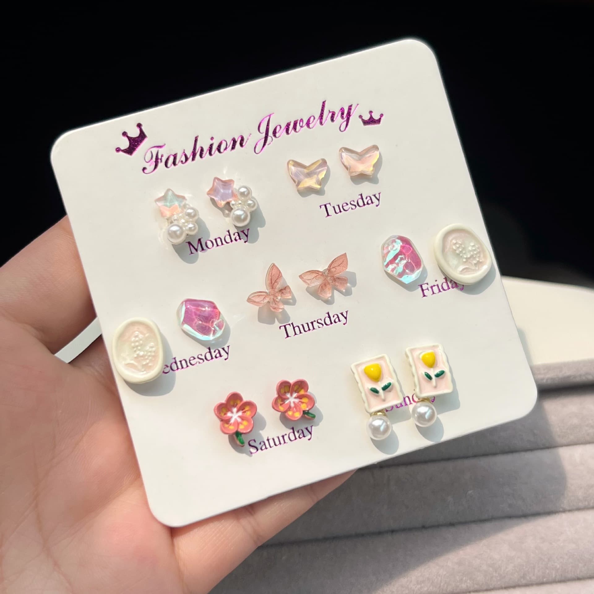Sweet Flower Butterfly Earring Set One Week Combination Tulip Quality Versatile Pearl Meteorite Exquisite Women's Earrings 4