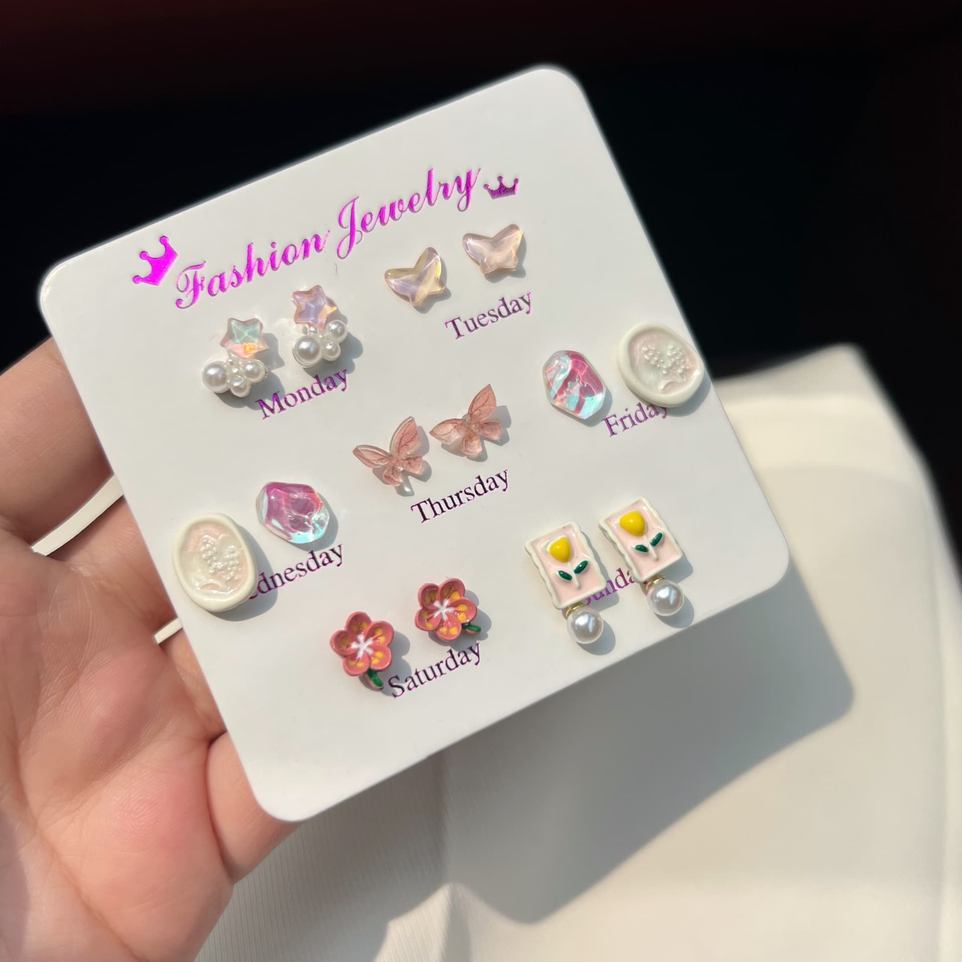 Sweet Flower Butterfly Earring Set One Week Combination Tulip Quality Versatile Pearl Meteorite Exquisite Women's Earrings 5