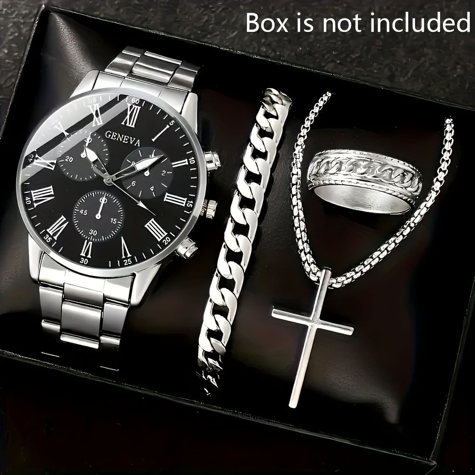 Cross-border popular watch set fake three-eye watch men's steel band glass quartz watch business high-end men's watch 2