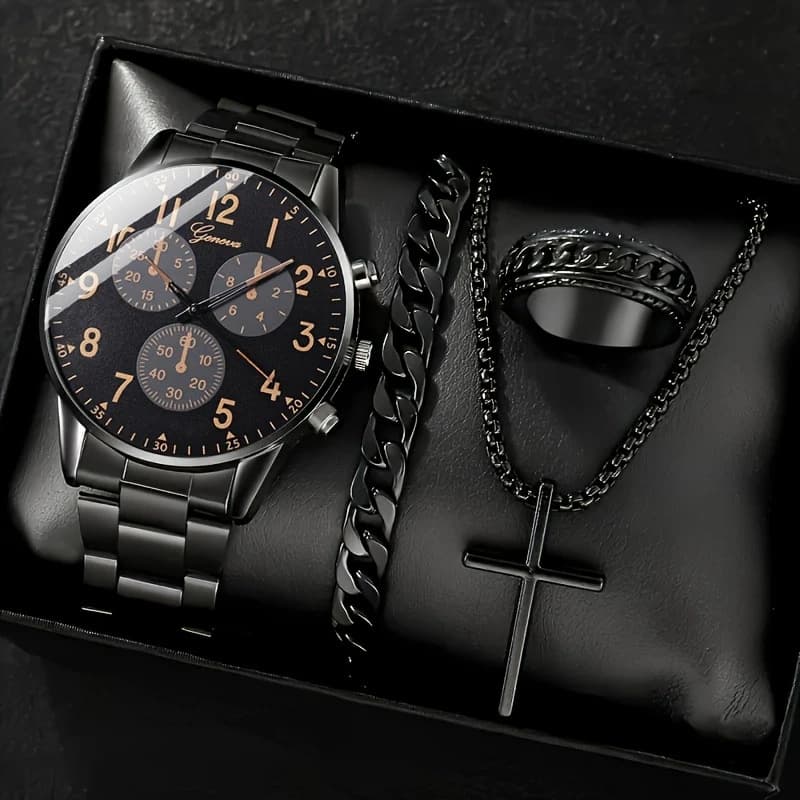 Cross-border popular watch set fake three-eye watch men's steel band glass quartz watch business high-end men's watch 4