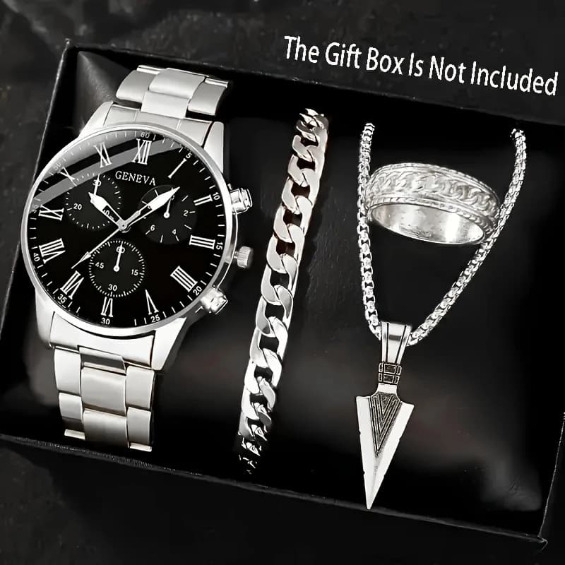 Cross-border popular watch set fake three-eye watch men's steel band glass quartz watch business high-end men's watch 5